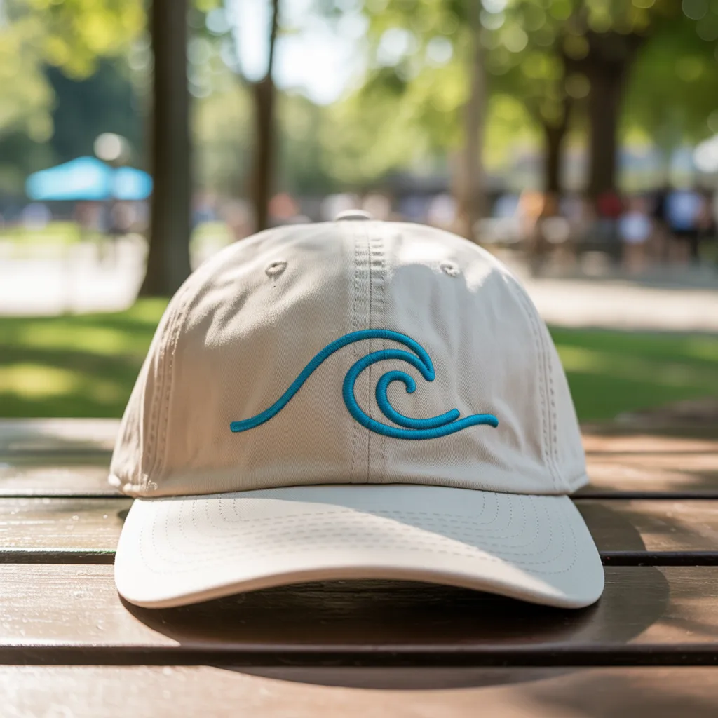 A light beige cap with a simple embroidered blue wave logo on the front, placed outdoors on a wooden table.