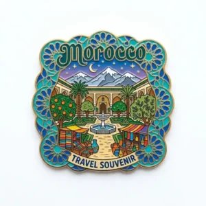 A vibrant Morocco-themed fridge magnet showing a traditional market scene with colorful stalls, a fountain, palm trees, and a backdrop of mountains under the moonlit sky.