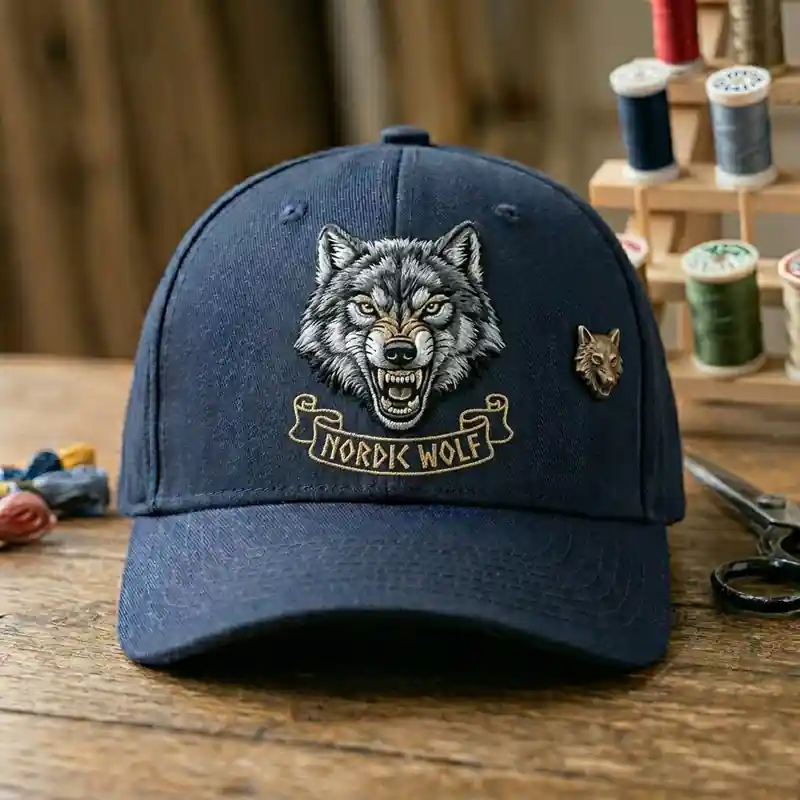 A navy blue cap featuring an embroidered wolf's head with a banner reading "NORDIC WOLF" and a small wolf pin on the side.