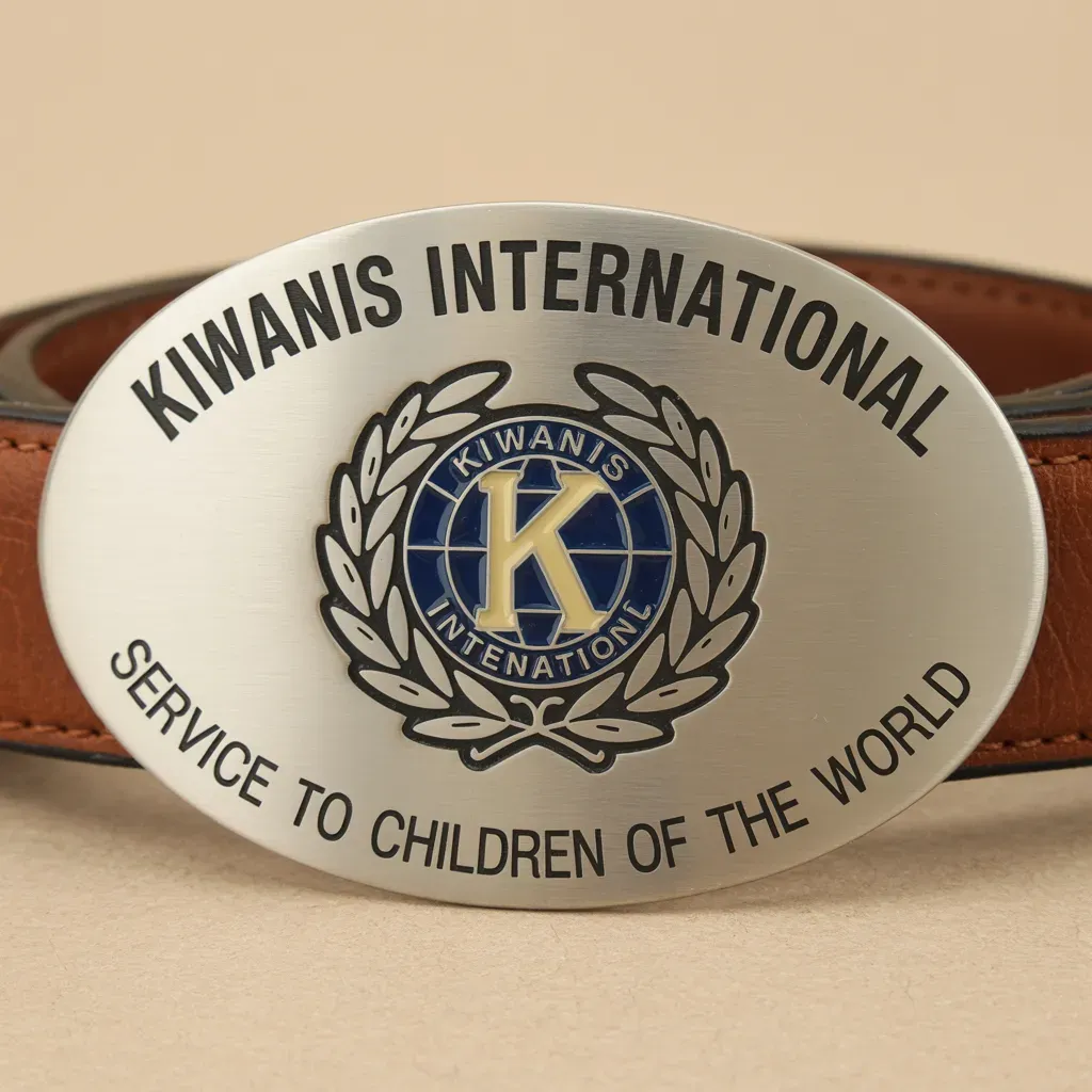 An oval metal belt buckle engraved with Kiwanis International and the motto service to the children of the world.