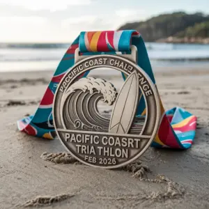 A medal labeled “Pacific Coast Triathlon Feb 2026” featuring a surfboard and ocean wave design, displayed on sand with a colorful ribbon.