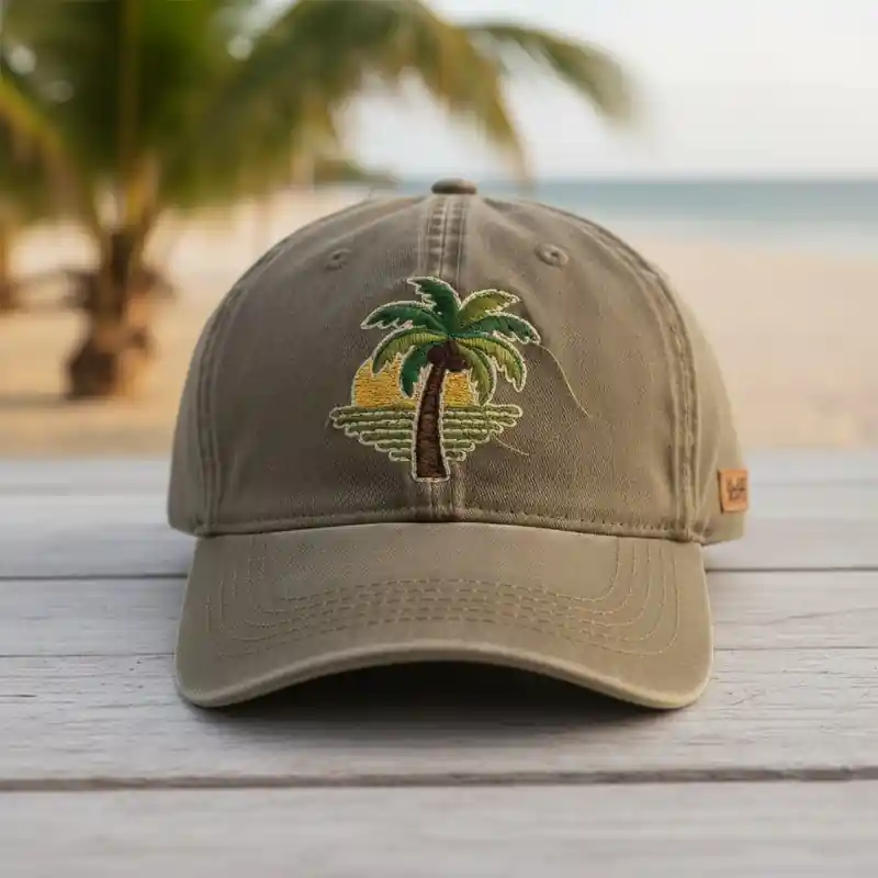 A khaki cap featuring an embroidered design of a palm tree with a sun setting behind it, set against a beach background.