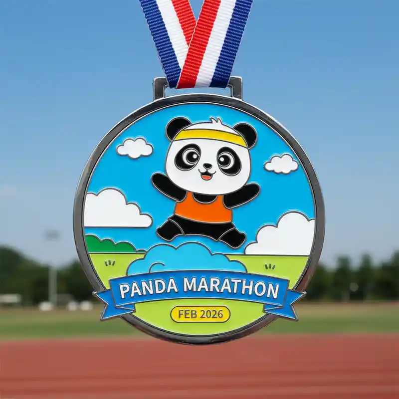 Colorful Panda Marathon medal featuring a cheerful cartoon panda jumping against a blue sky and green field, with a red, white, and blue ribbon, dated February 2026.