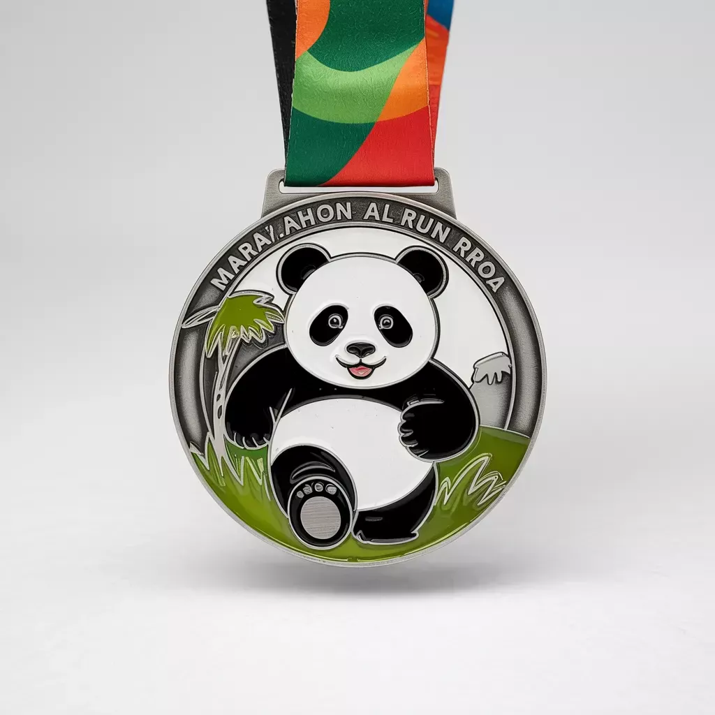 Silver medal with a panda design for a marathon event with a colorful ribbon