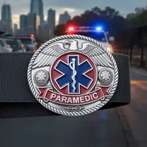A belt buckle featuring an eagle above the Star of Life symbol with the word Paramedic and emergency vehicles in the background.