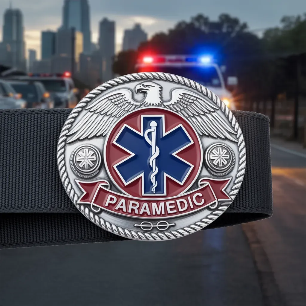 A belt buckle featuring an eagle above the Star of Life symbol with the word Paramedic and emergency vehicles in the background.