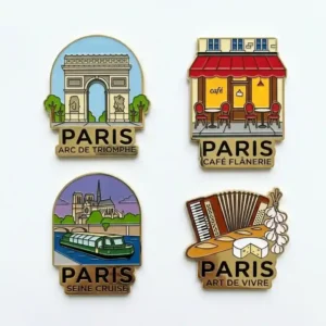 A set of four Paris-themed fridge magnets depicting the Arc de Triomphe, a charming Parisian café, a Seine river cruise, and iconic French lifestyle elements like music and food.
