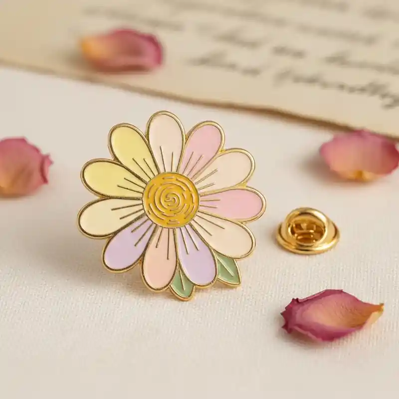 An enamel pin featuring a pastel-colored daisy with yellow, pink, lavender, and green petals and a gold outline.