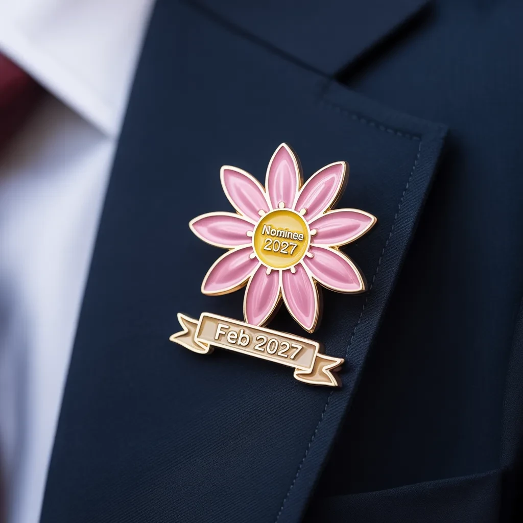 A pink daisy-shaped enamel pin featuring “Nominee 2027” in the center and a “Feb 2027” banner, displayed on a dark suit lapel.