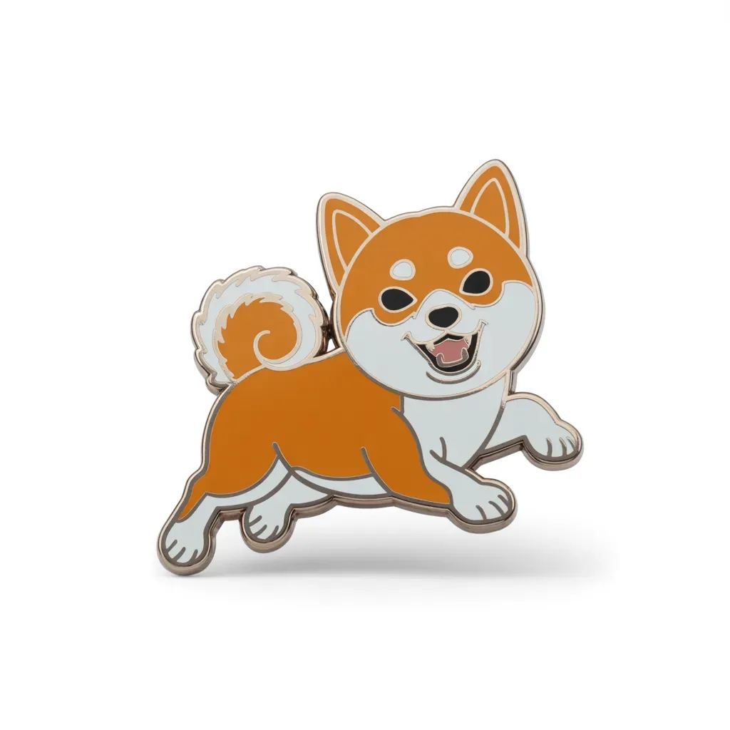 An enamel pin of a happy Shiba Inu dog in a playful running pose with a curled tail and smiling expression.