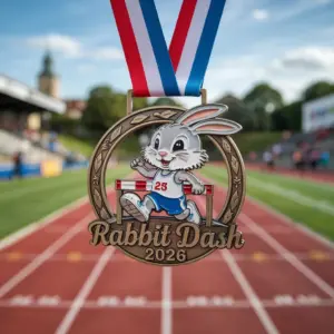 Rabbit character medal with "Rabbit Dash 2026" text, showing a bunny wearing the number "25", set against a blurred stadium track background.