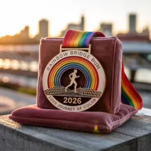 A premium medal displayed on a cushion featuring a runner under a rainbow with “Rainbow Bridge Run 2026 Journey of Color” text, set against a city sunset backdrop.