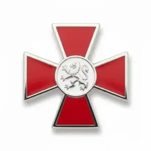 A red cross-shaped enamel pin with a silver lion emblem in the center and metallic edges.