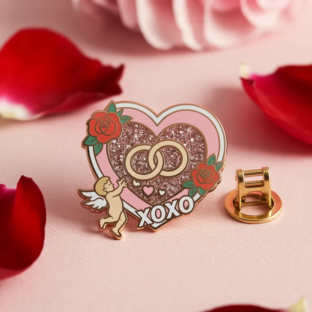 A heart-shaped enamel pin featuring glitter details, interlocking rings, roses, and a small cupid, with “XOXO” text on a soft pink background.
