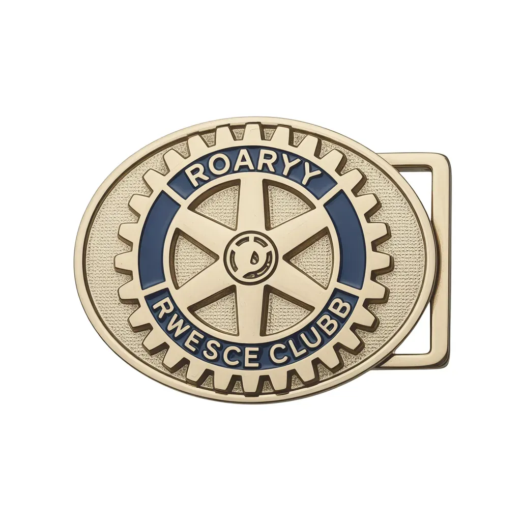 A gold-toned metal belt buckle featuring a gear wheel design with blue accents and the text Rotary Club around the edge.