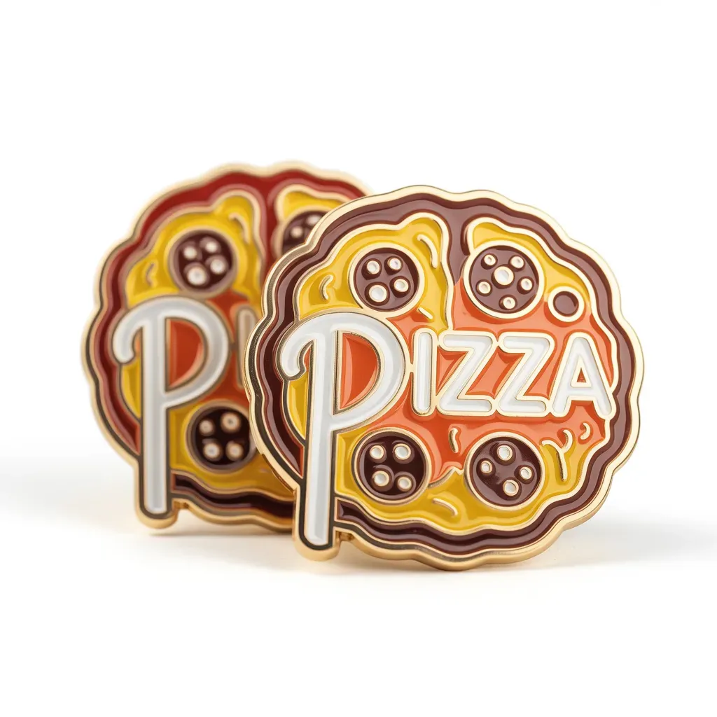 A circular enamel pin featuring a full pizza with pepperoni toppings and the word "Pizza" across the center in large letters.