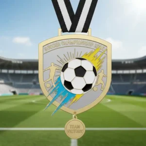A soccer medal for the 2026 Soccer Championship, with dynamic player figures and a soccer ball in the center, surrounded by a blue and yellow color scheme.