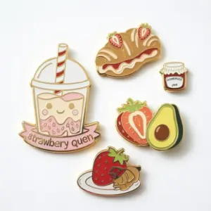 A playful enamel pin collection including a strawberry milk drink, pastry, jam jar, avocado, and fruit-themed designs with cute cartoon styling.