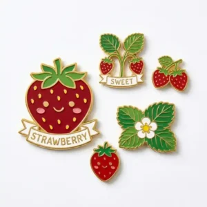 A collection of strawberry-themed enamel pins featuring a smiling strawberry, two strawberry plants labeled "Sweet," and a strawberry flower with leaves.