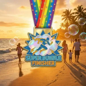 Super Bubble Finisher Medal with a vibrant rainbow ribbon, featuring a dynamic runner silhouette surrounded by clouds and lightning, set against a beach sunset background with floating bubbles, symbolizing achievement in the 2026 race.