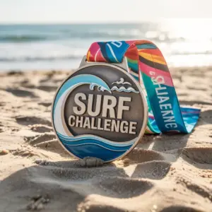 A round medal with stylized ocean wave and bold “Surf Challenge” text, attached to a colorful ribbon and displayed on a sandy beach.