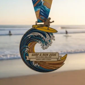 Custom metal medal featuring a surfer riding a wave with Pacific Coast Challenge design, Surf & Run 2026 medal with yellow ribbon on sandy beach background
