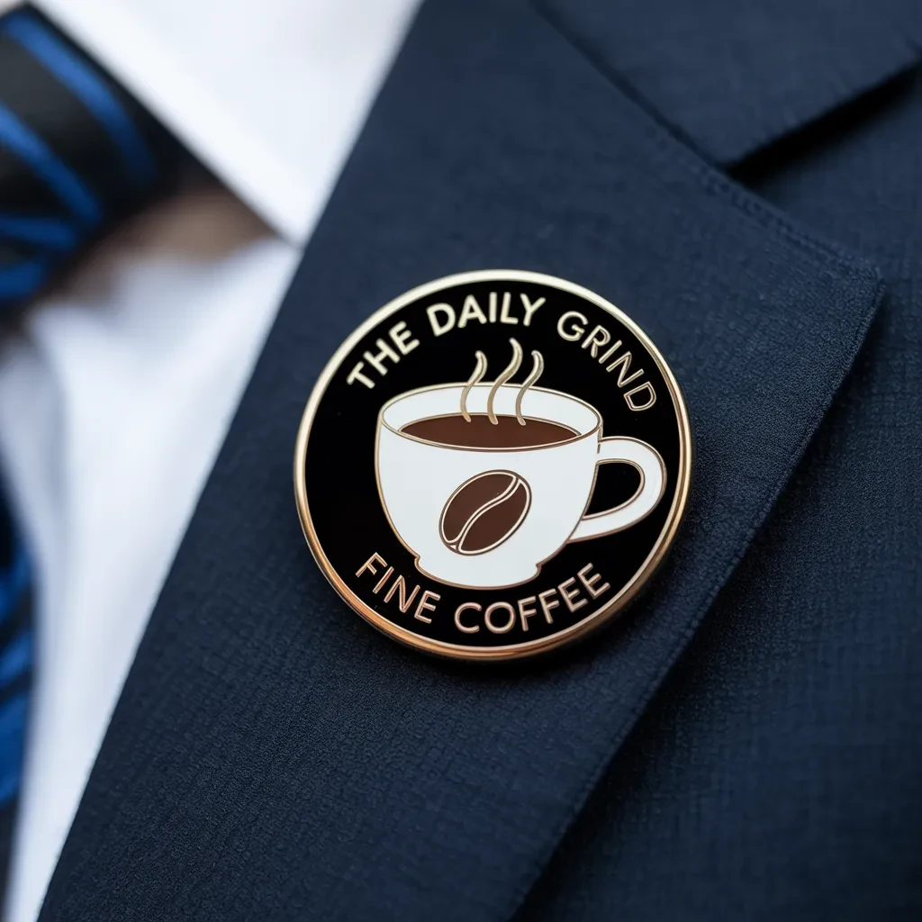A round enamel pin featuring a coffee cup with steam and the text “The Daily Grind Fine Coffee,” displayed on a dark suit lapel.
