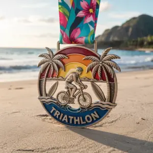 A colorful triathlon medal showing a cyclist riding along the beach with palm trees and a sunset, displayed on sand with ocean in the background.