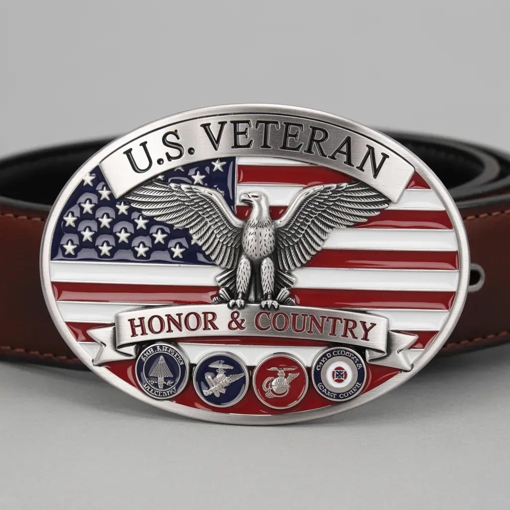 An oval belt buckle displaying a bald eagle over the American flag with the words U.S. Veteran Honor & Country and military branch emblems.