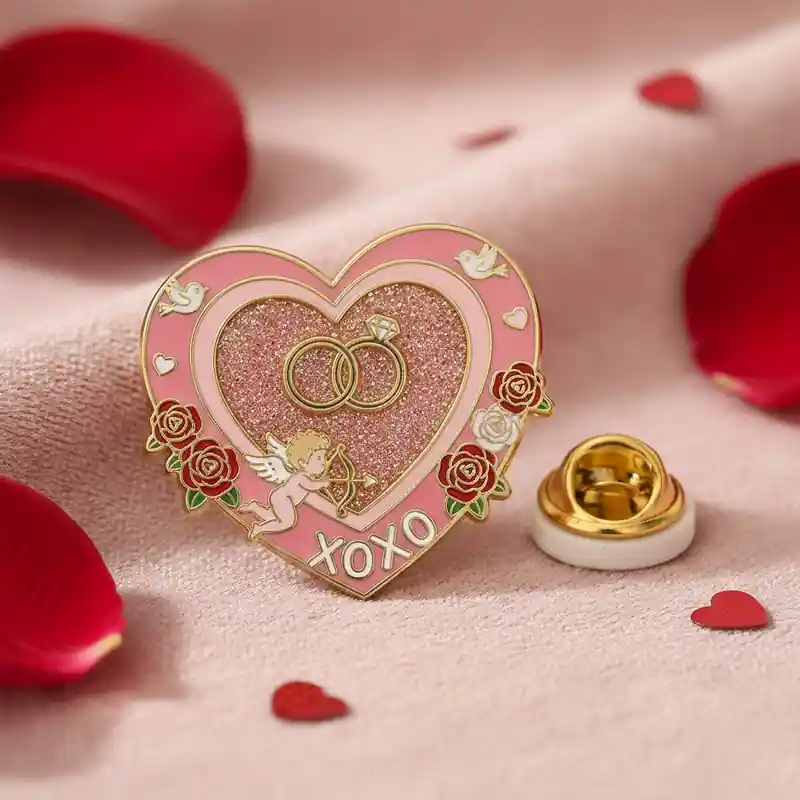 A pink heart-shaped lapel pin featuring two wedding rings, a cupid holding a bow and arrow, and the word "XOXO" with roses and birds, set on a soft pink fabric background.
