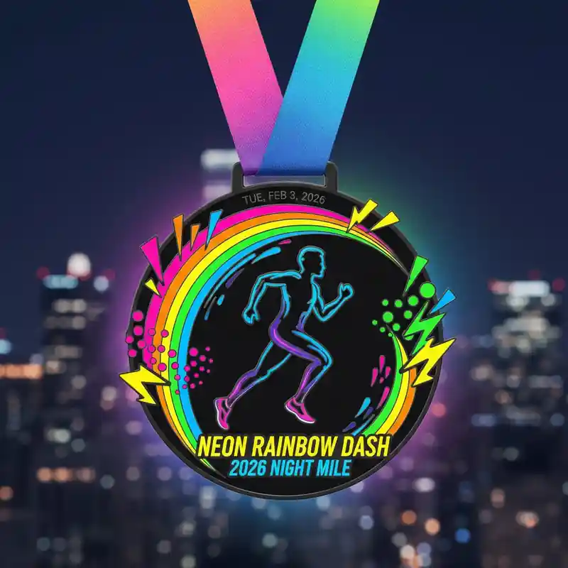 Neon Rainbow Dash 2026 medal with a dynamic runner silhouette surrounded by colorful rainbow light trails, set against a vibrant night-time city backdrop, capturing the excitement of the 2026 Night Mile race
