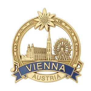A decorative Vienna badge featuring edelweiss flower, cathedral skyline, Ferris wheel, and circular ornamental frame labeled Vienna Austria.
