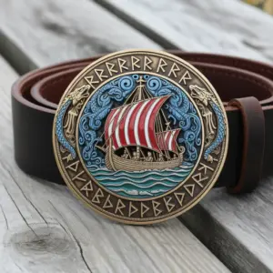 A decorative belt buckle showing a Viking longship sailing on waves with serpents and runic symbols encircling the design.