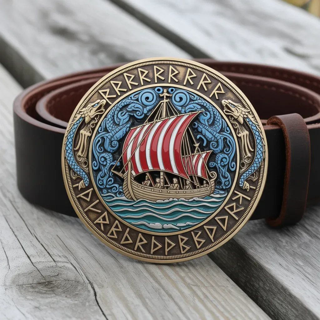 A decorative belt buckle showing a Viking longship sailing on waves with serpents and runic symbols encircling the design.