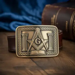 A bronze-style belt buckle featuring the Freemason square and compass symbol with columns and an open book in a classic engraved design.