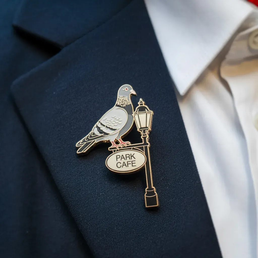 An enamel pin depicting a pigeon perched beside a street lamp with a “Park Cafe” sign, styled in a vintage illustration, worn on a suit.