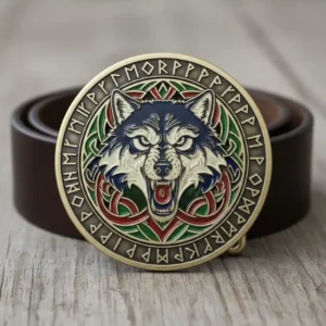 A brass-colored belt buckle featuring an intricate design of a fierce wolf's head at the center. The wolf is detailed with blue and white fur, bared teeth, and intense yellow eyes. The outer circle of the buckle is adorned with runic symbols and Celtic knots in red, green, and gold colors. The buckle is attached to a dark leather belt.