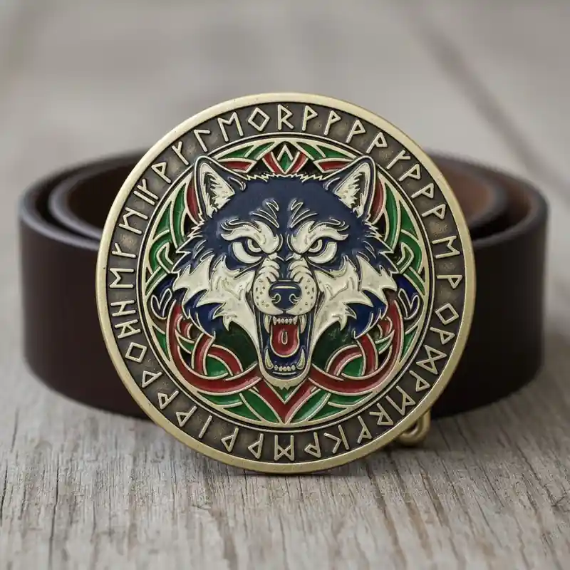 A brass-colored belt buckle featuring an intricate design of a fierce wolf's head at the center. The wolf is detailed with blue and white fur, bared teeth, and intense yellow eyes. The outer circle of the buckle is adorned with runic symbols and Celtic knots in red, green, and gold colors. The buckle is attached to a dark leather belt.