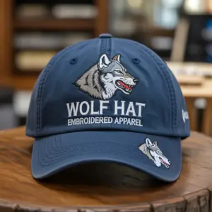 A navy blue baseball cap featuring an embroidered wolf head logo with the text Wolf Hat Embroidered Apparel on the front.
