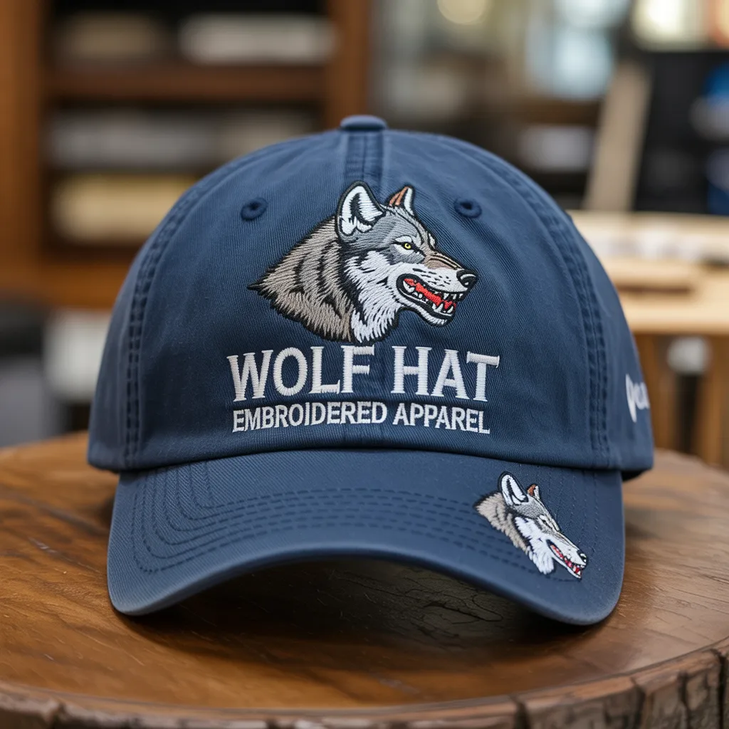 A navy blue baseball cap featuring an embroidered wolf head logo with the text Wolf Hat Embroidered Apparel on the front.