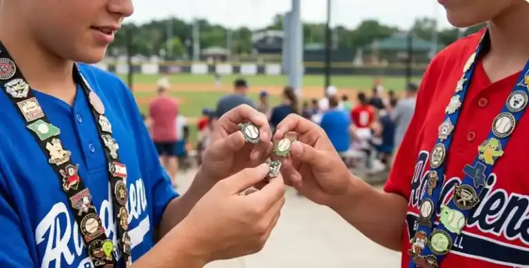 Two baseball fans wearing team jerseys exchange collectible baseball pin badges on lanyards at a baseball stadium.