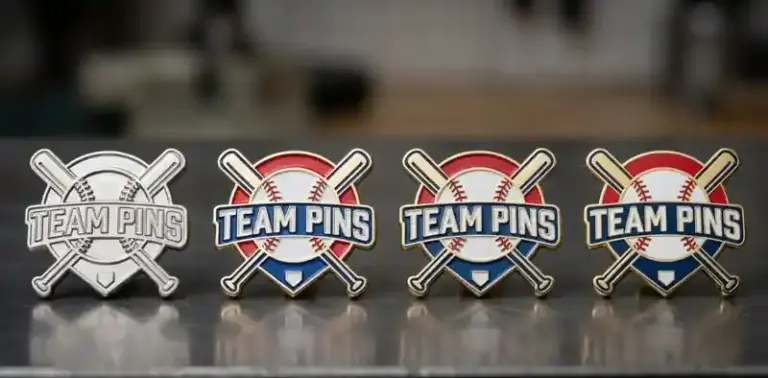 Set of custom baseball team enamel pins featuring crossed bats, baseball graphics, and “Team Pins” text in different color variations.