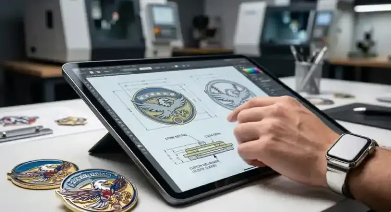 Designer using a tablet to create custom enamel pin artwork with eagle and baseball themed designs on screen.