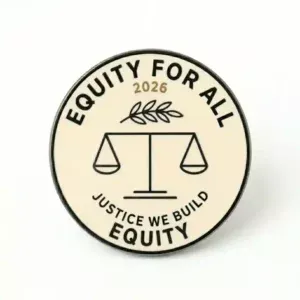 Round cream enamel pin featuring justice scales and the text "Equity for All 2026 – Justice We Build Equity" in black lettering.