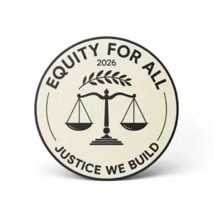 Round enamel pin with scales of justice and text Equity for All 2026 Justice We Build in minimal black and beige design.