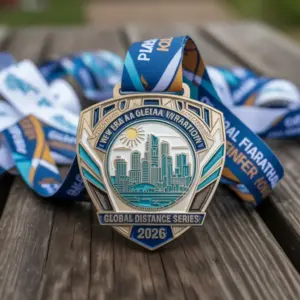 Marathon finisher medal with city skyline, sun and Global Distance Series 2026 text.