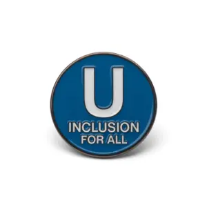 Minimal blue enamel pin with letter U and text Inclusion for All symbolizing unity and inclusiveness.