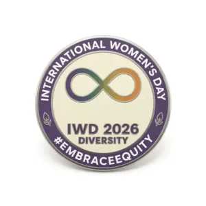 Enamel pin featuring infinity symbol with gradient colors and text IWD 2026 Diversity and Embrace Equity.