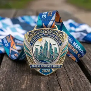 Global Virtual Marathon finisher medal featuring a futuristic city skyline with the text “New Era Global Virtual Marathon – Global Distance Series 2026”.