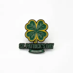 Dark green shamrock enamel pin with text St Patrick's Day Dublin in bold lettering.